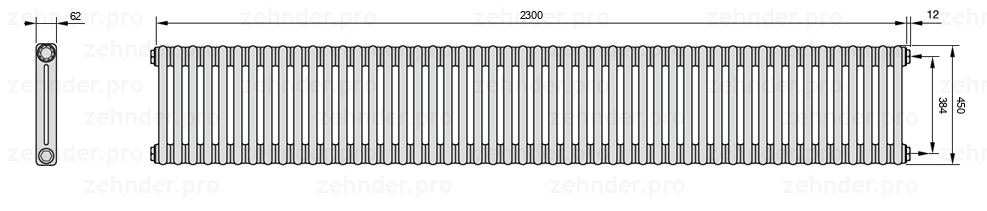 Схема (чертеж) Радиатор Zehnder Charleston 2045/50 №7610 Белый глянцевый RAL 9016